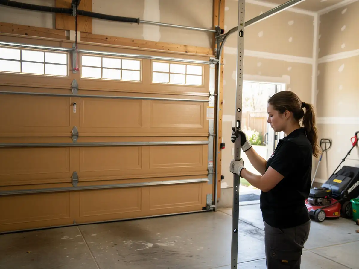 A technician in gloves holds a metal track next to a brown garage door.