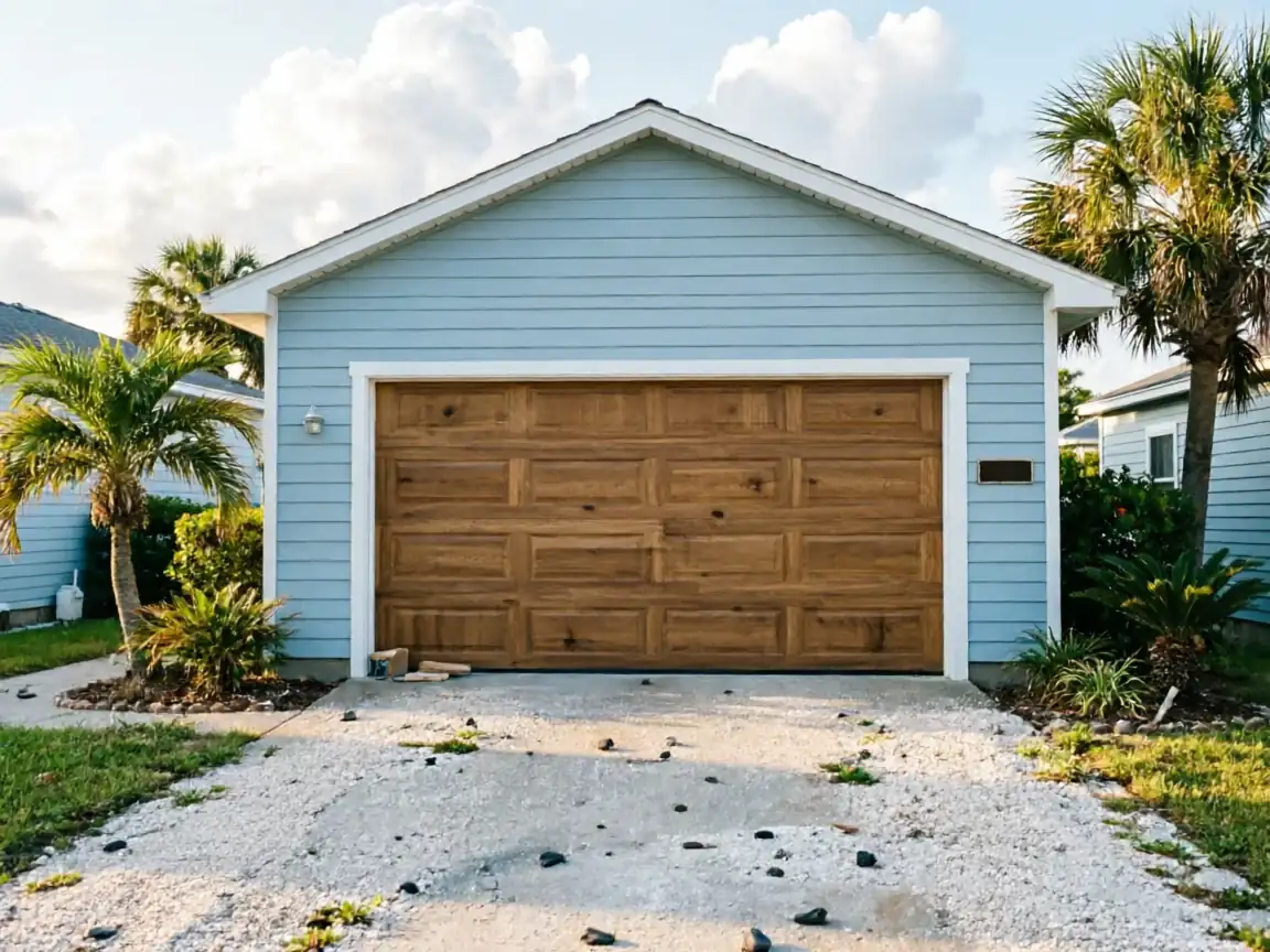 A light blue house with a brown wooden garage door and palm trees.