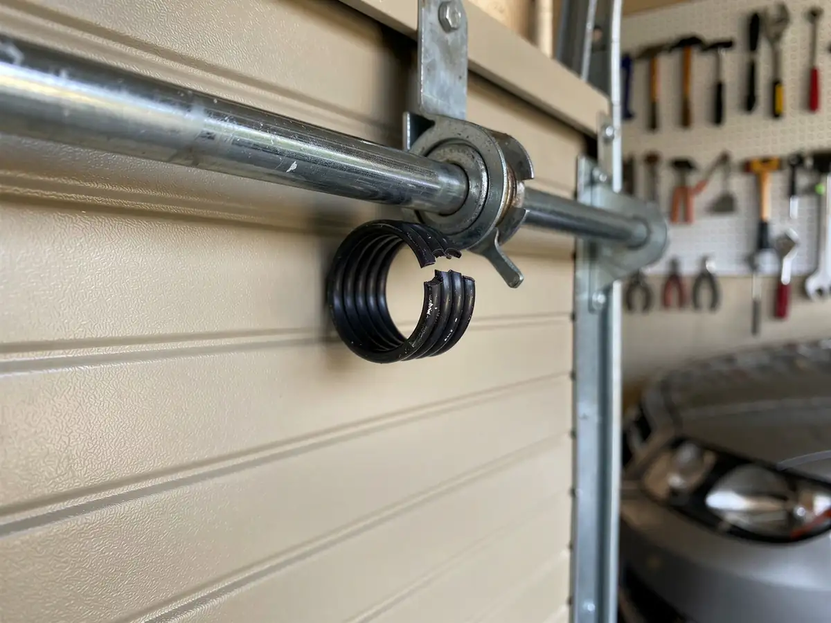 A broken torsion spring hangs from a metal rod above a beige garage door.